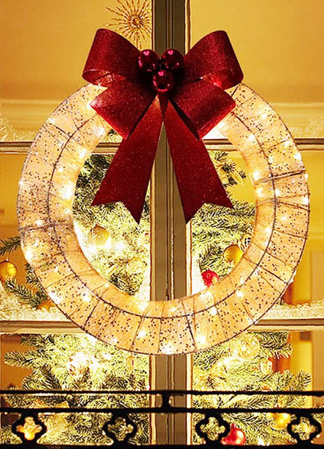 Christmas Garland 50CM Luminous LED Warm Light Metal Luminous Wreath With Big Bowknot Christmas Front Door Home Holiday Party Door Hanging Decor